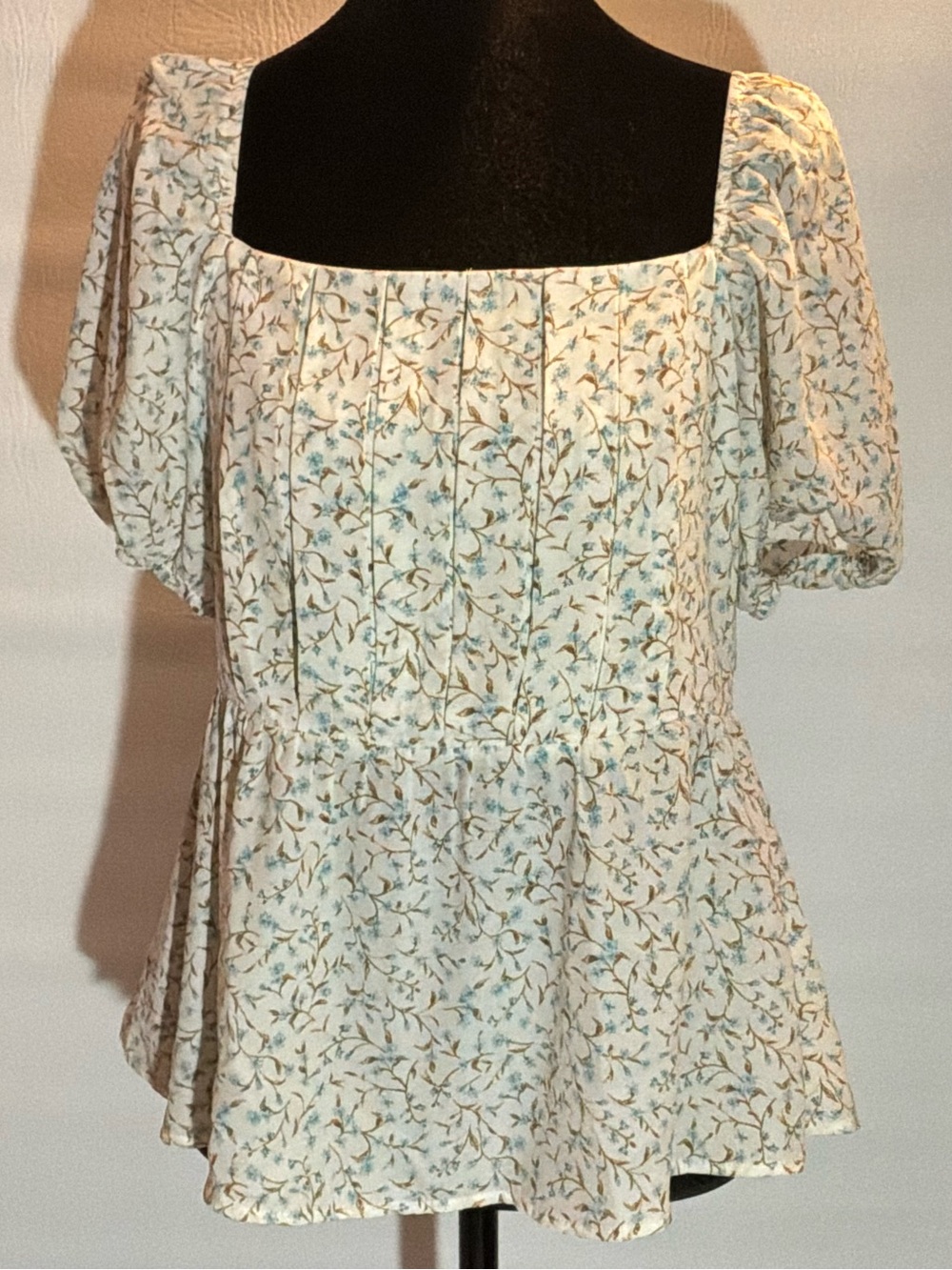 🌙✨NWOT Alice Blue Cream Floral Square-Neck Peplum Blouse with Blue Brown Sprigs